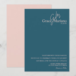 Convite de Casamento Azul e Rosa com Logotipo Mono