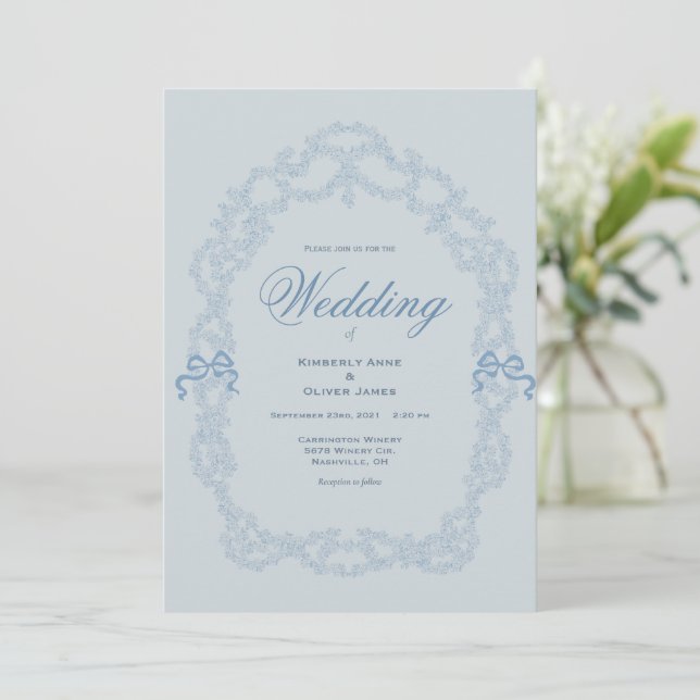 Convite de Casamento Azul Elegante Vintage (Em pé/Frente)