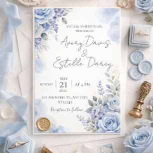 Convite de Casamento Azul Empoeirado   Aquarela El