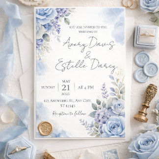 Convite de Casamento Azul Empoeirado | Aquarela El