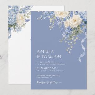 Convite de casamento azul empoeirado floral