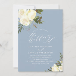 convite de casamento azul empoeirado floral