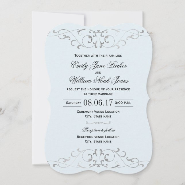 Convite de Casamento Azul Empoeirado Prateado Eleg (Frente)