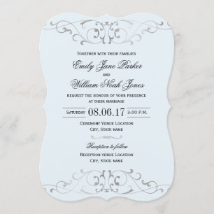 Convite de Casamento Azul Empoeirado Prateado Eleg
