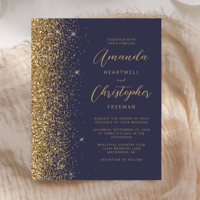 Convite de Casamento Azul Escuro Dourado Elegante  (Criador carregado)