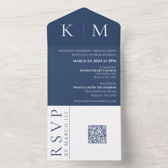 Convite de casamento Azul Escuro e Monograma Branc (Interno)