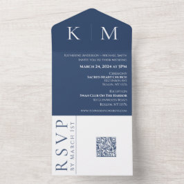 Convite de casamento Azul Escuro e Monograma Branc