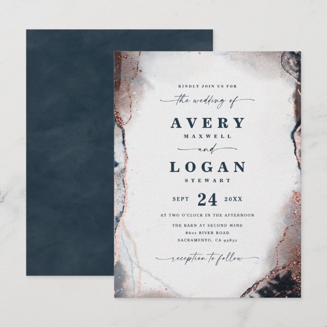 Convite de Casamento Azul Escuro Etéreo Abstrato (Frente/Verso)