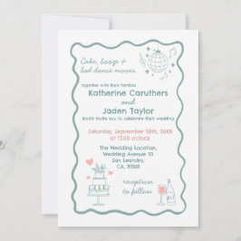 Convite de casamento azul estilizado com desenho c