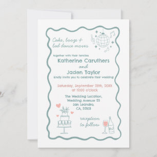 Convite de casamento azul estilizado com desenho c