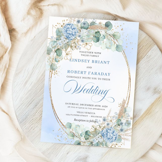 Convite de Casamento Azul Floral Dourado Caligrafi (Modern Calligraphy Blue Floral Gold Wedding Invitation)