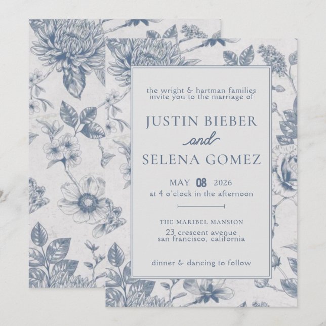 Convite de Casamento Azul Floral Elegante (Frente/Verso)