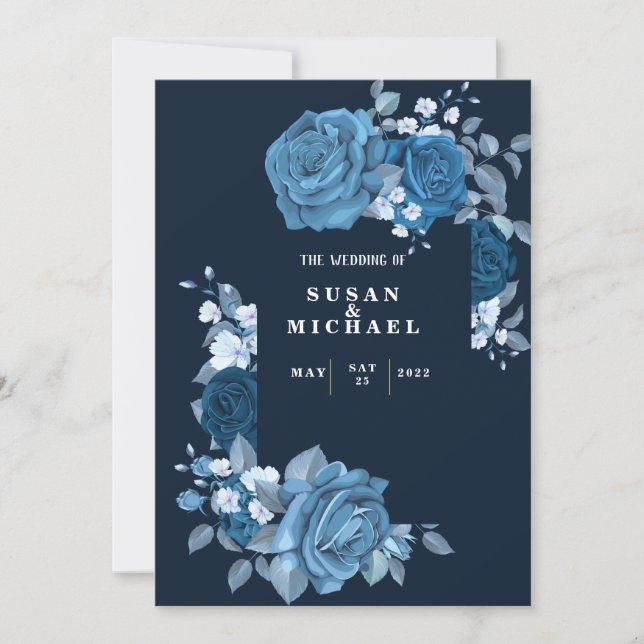 Convite de Casamento Azul Floral Elegante (Frente)