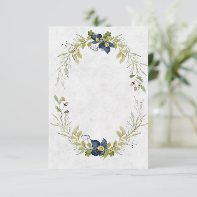 Convite de casamento azul floral moldura orçamento (Em pé/Frente)