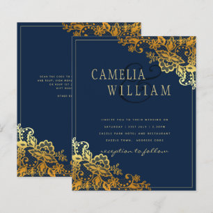 Convite de casamento Azul Lace Dourado Clássico El