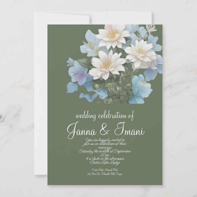 convite de casamento azul mar floral pastel (Frente)