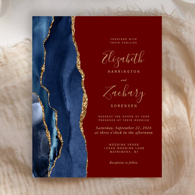 Convite de Casamento Azul Marinho Ágata Burgundy O (Criador carregado)
