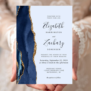Convite de Casamento Azul Marinho Ágata Dourado Az