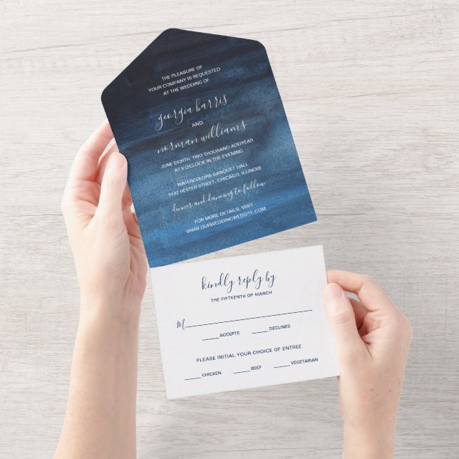 Convite de Casamento Azul Marinho Aquarela Moderno (Aba destacável)