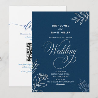 convite de casamento azul marinho caligrafia minim