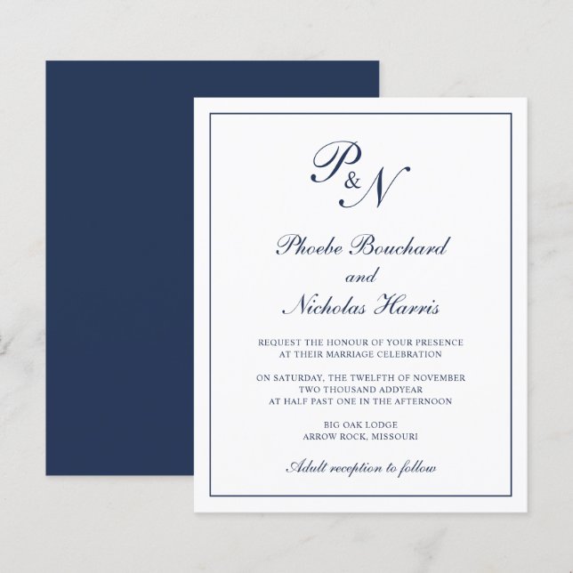 Convite de Casamento Azul Marinho Clássico Elegant (Frente/Verso)