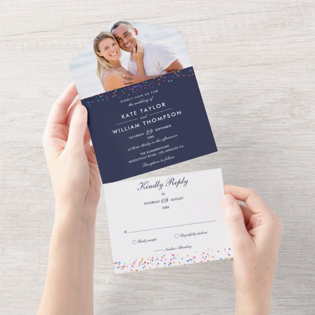 Convite de Casamento Azul Marinho com Confetes de  (Tearaway)