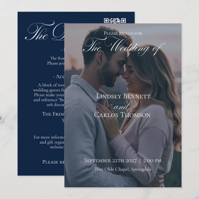 Convite de Casamento Azul Marinho com QR-code de D (Frente/Verso)