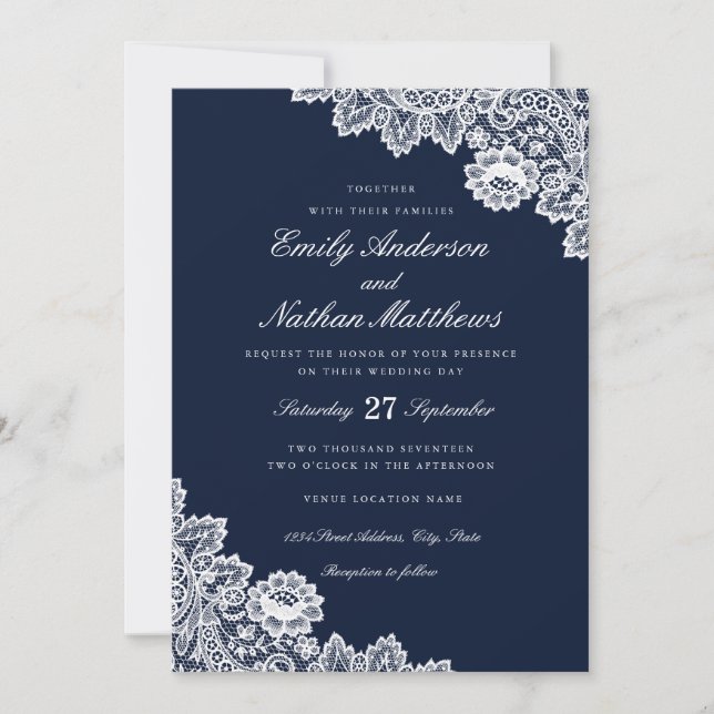 Convite de Casamento Azul Marinho com Renda Branca (Frente)