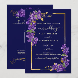 Convite de Casamento Azul Marinho com Violetas Rox