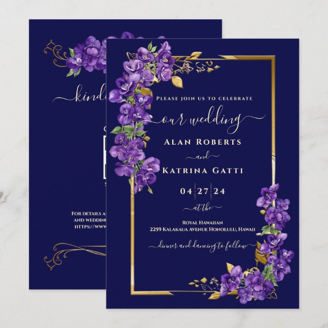 Convite de Casamento Azul Marinho com Violetas Rox (Frente/Verso)
