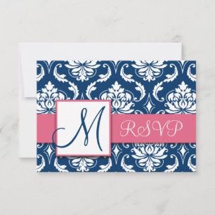 Convite de Casamento Azul Marinho Damask Monograma
