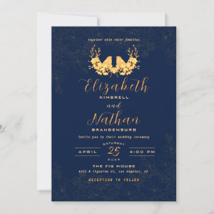 Convite de casamento azul Marinho de Aves Douradas