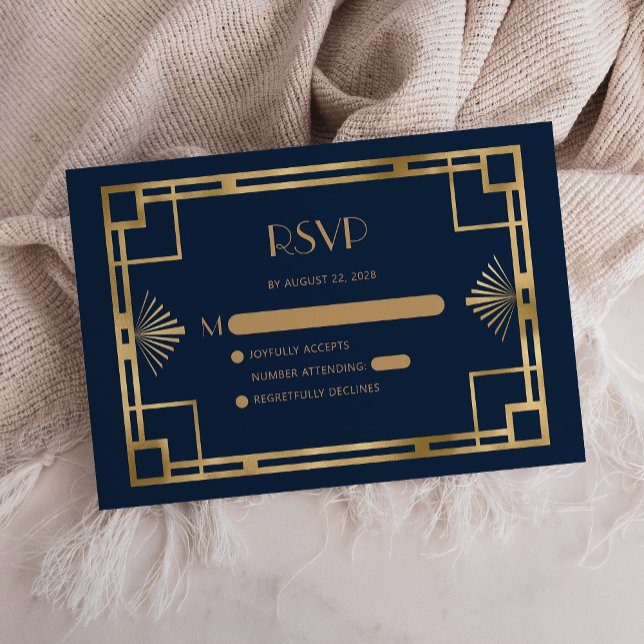Convite de casamento azul marinho dourado Deco Vin (Criador carregado)