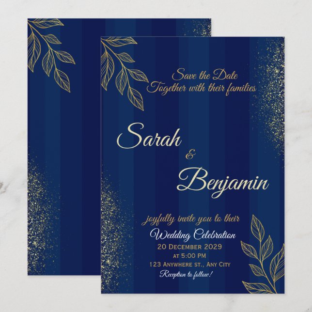 Convite de Casamento Azul Marinho Dourado Elegante (Frente/Verso)