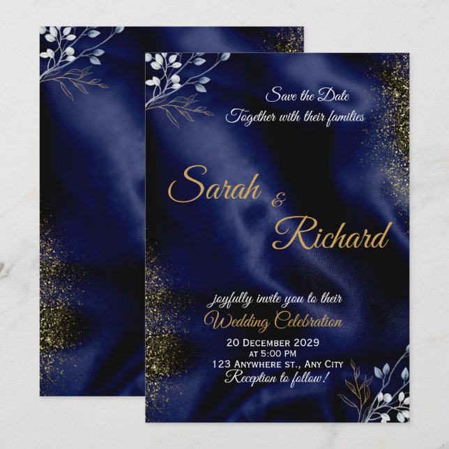 Convite de Casamento Azul Marinho Dourado Elegante (Frente/Verso)