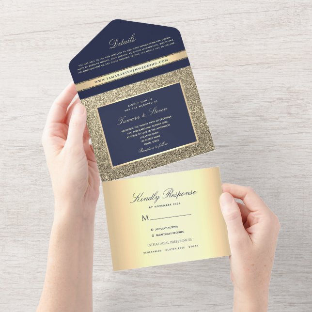 Convite de Casamento Azul Marinho Dourado Elegante (Tearaway)