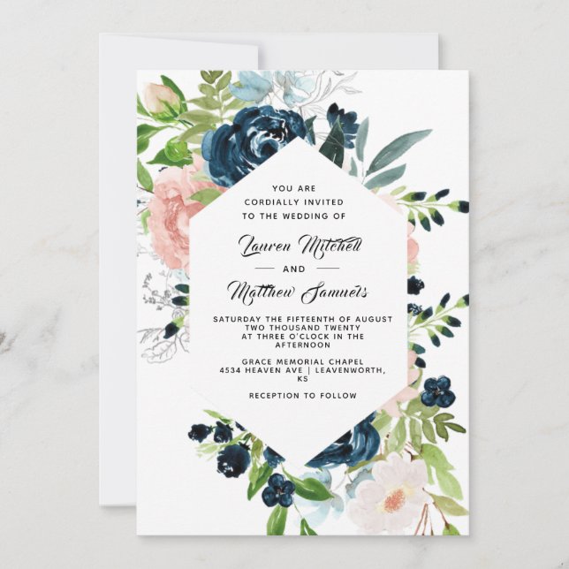 Convite de Casamento Azul Marinho e Bege (Frente)