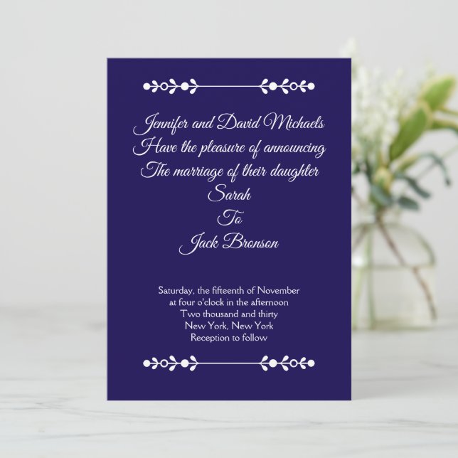 Convite de casamento azul marinho e branco moderno (Em pé/Frente)