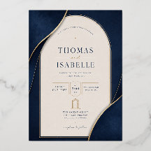 Convite de Casamento Azul Marinho e Dourado Elegan