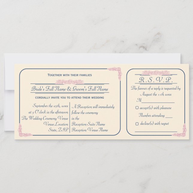 Convite de Casamento Azul Marinho e Ticket Rosa co (Frente)