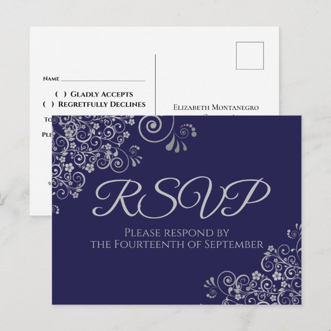 Convite de Casamento Azul Marinho Elegante Detalhe (Frente/Verso)