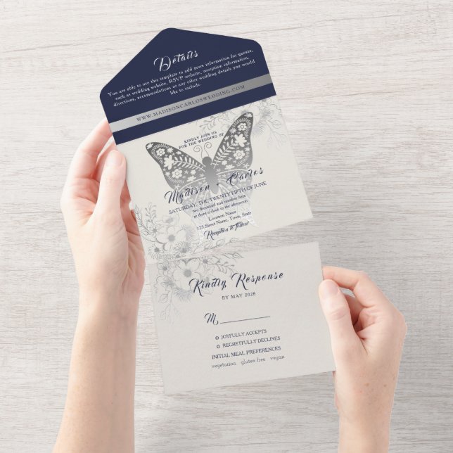 Convite de Casamento Azul Marinho Elegante Tudo em (Aba destacável)