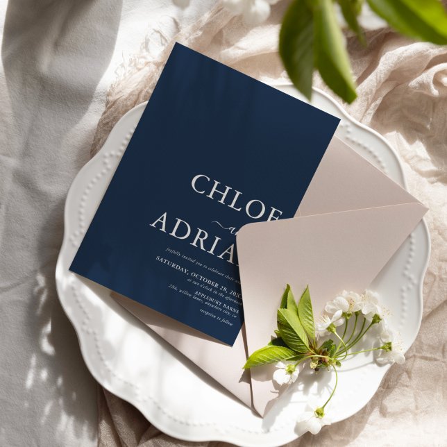 Convite de Casamento Azul Marinho Minimalista Simp (Criador carregado)