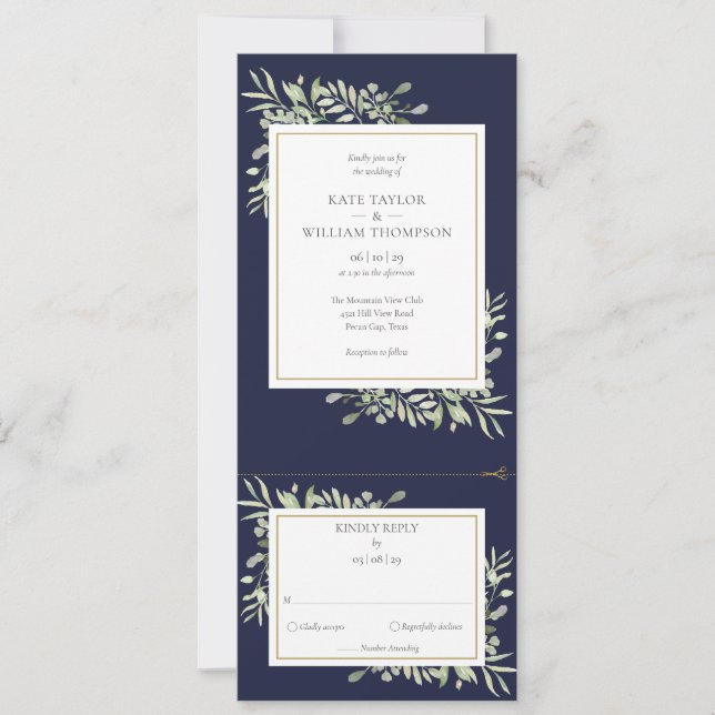 Convite de Casamento Azul Marinho Moderno com Folh (Frente)