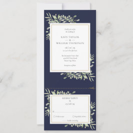 Convite de Casamento Azul Marinho Moderno com Folh