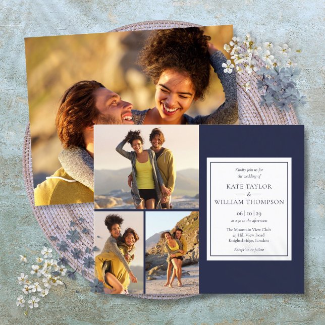 Convite de Casamento Azul Marinho Orçamento 4 Foto (Budget Navy Blue 4 Photos Wedding Invitation)