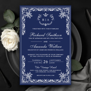 Convite de Casamento Azul Marinho Ornamentado Vint