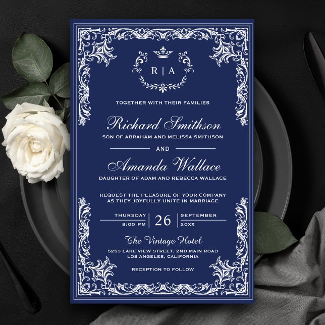 Convite de Casamento Azul Marinho Ornamentado Vint (Criador carregado)