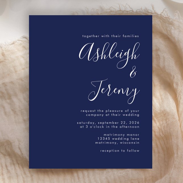 Convite de Casamento Azul Marinho Roteiro Moderno  (Criador carregado)