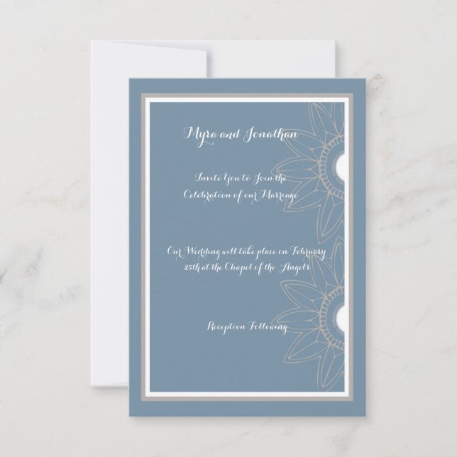 Convite de Casamento, Azul Médio com Flores (Frente)